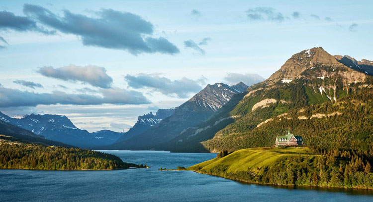 Prince of Wales hotel sitting on the bluff overlooking Waterton lake