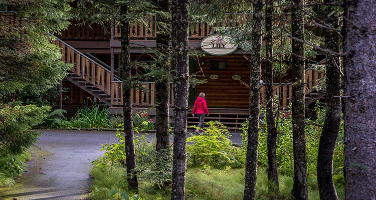 A person walks near a wooden lodge nestled among trees.